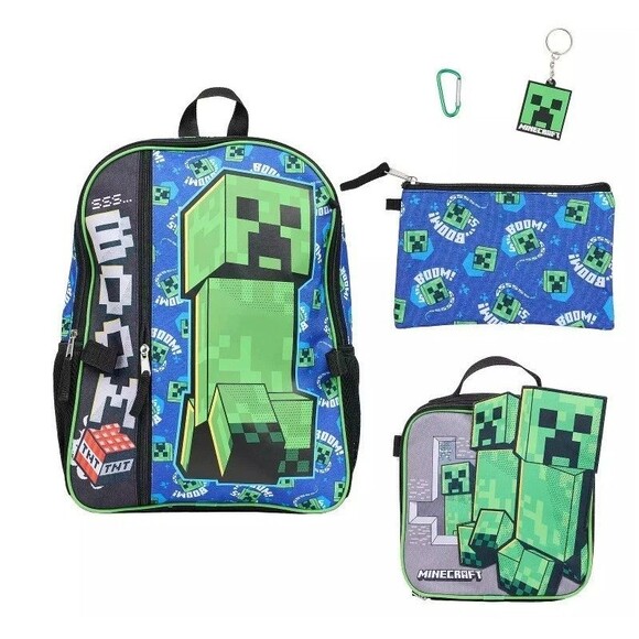 Minecraft Creeper 5-Pc Backpack Set Lunch Bag, Pencil Case, Keychain & Carabiner - Picture 2 of 3